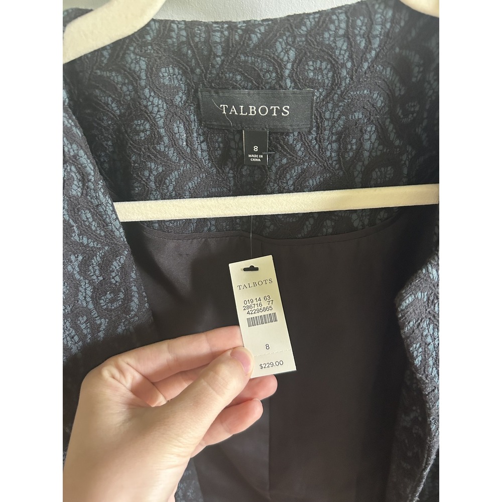 NWT Talbots Women 8 Teal Black Jacquard Lace Topper Jacket Open Front - Picture 3 of 3
